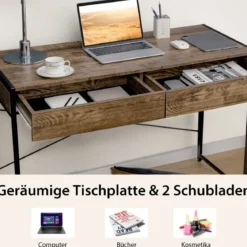 Computertisch mit 2 Schubladen Schreibtisch mit Stahlrahmen 112 x 48 x 76 cm Braun