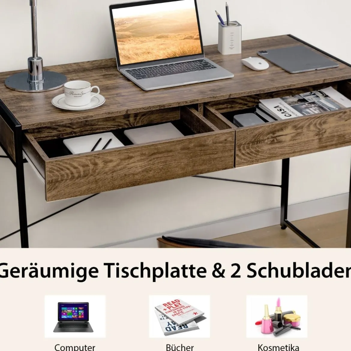 Computertisch mit 2 Schubladen Schreibtisch mit Stahlrahmen 112 x 48 x 76 cm Braun