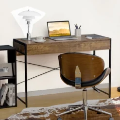 Computertisch mit 2 Schubladen Schreibtisch mit Stahlrahmen 112 x 48 x 76 cm Braun