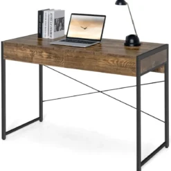 Computertisch mit 2 Schubladen Schreibtisch mit Stahlrahmen 112 x 48 x 76 cm Braun