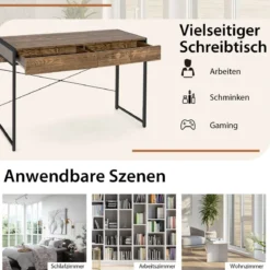 Computertisch mit 2 Schubladen Schreibtisch mit Stahlrahmen 112 x 48 x 76 cm Braun