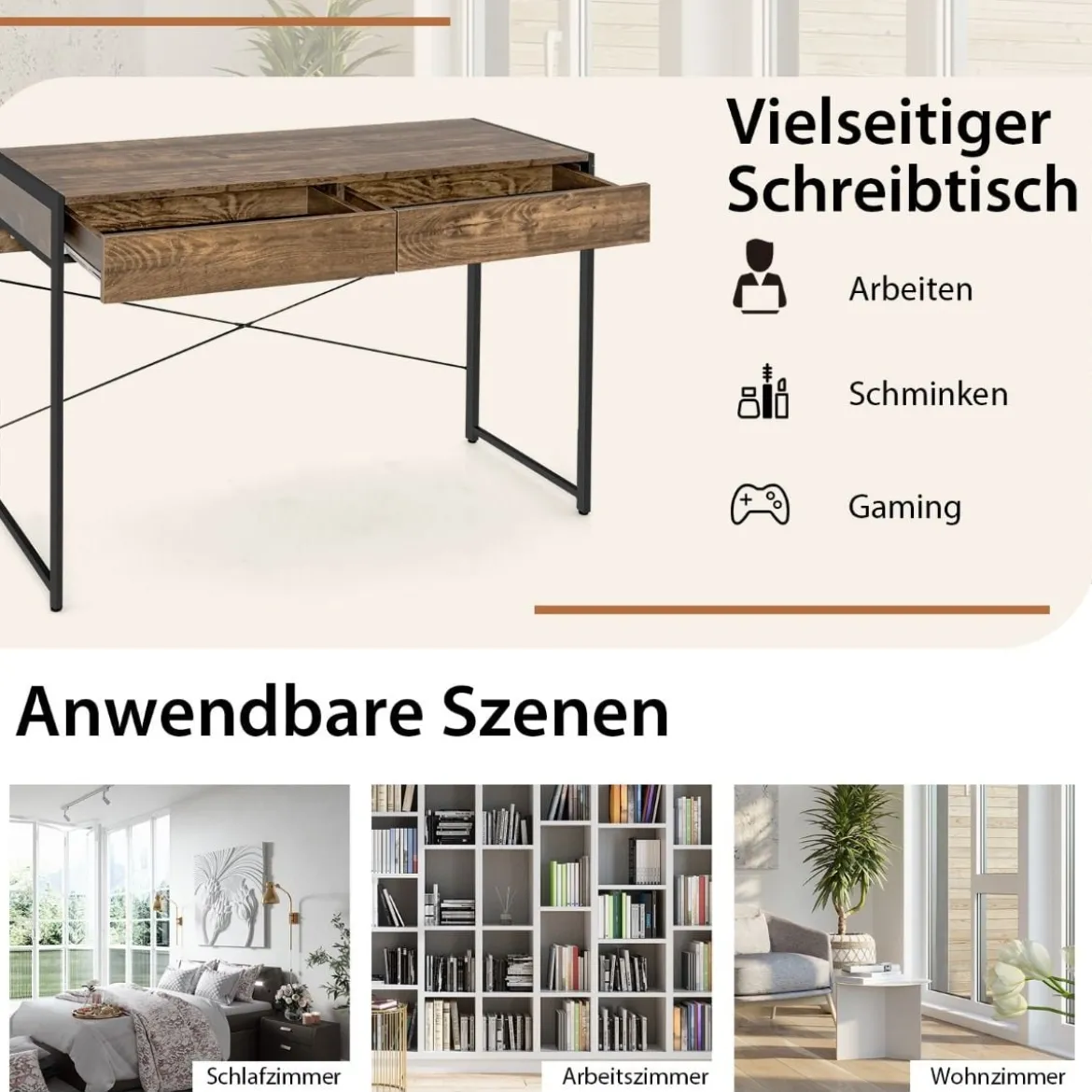 Computertisch mit 2 Schubladen Schreibtisch mit Stahlrahmen 112 x 48 x 76 cm Braun