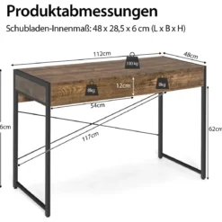 Computertisch mit 2 Schubladen Schreibtisch mit Stahlrahmen 112 x 48 x 76 cm Braun