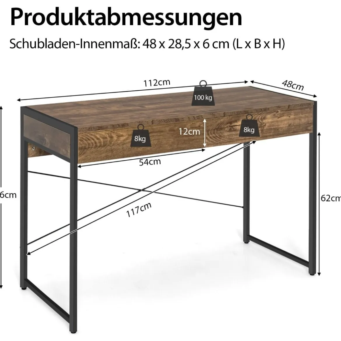 Computertisch mit 2 Schubladen Schreibtisch mit Stahlrahmen 112 x 48 x 76 cm Braun