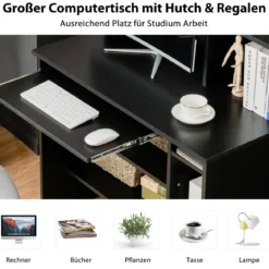 Computertisch Schreibtisch mit Bücherregal & Tastaturablage 91 x 50,5 x 136 cm Schwarz