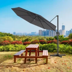 Coswtay Ampelschirm LED Sonnenschirm Outdoor LED Gartenschirm neigbar mit Kreuzständer Grau
