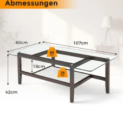 Couchtisch aus Glas 2-stöckiger Beistelltisch mit Ablagefläche 107 cm Langer rechteckiger Kaffeetisch