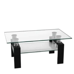 Couchtisch aus Glas Wohnzimmertisch mit unterer Ablage Sofatisch 99,5 x 59,5 x 44,5 cm Schwarz