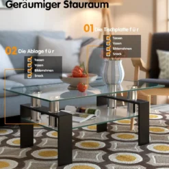Couchtisch aus Glas Wohnzimmertisch mit unterer Ablage Sofatisch 99,5 x 59,5 x 44,5 cm Schwarz