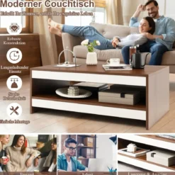 Couchtisch aus Holz 2 Ebenen Wohnzimmertisch mit Ablagefläche 94 x 55 x 35 cm Walnuss + Weiß