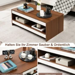 Couchtisch aus Holz 2 Ebenen Wohnzimmertisch mit Ablagefläche 94 x 55 x 35 cm Walnuss + Weiß