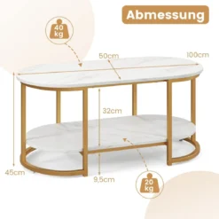 Couchtisch aus Weißem Marmor mit Goldfarbenem Metallrahmen Kaffeetisch Gold