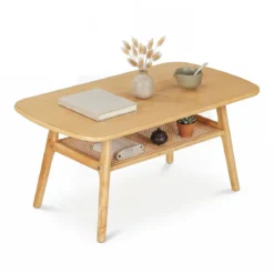 Couchtisch Beistelltisch 2 Ebenen mit Offener Ablage Wohnzimmertsich 100 x 53,5 x 45,5 cm Natur