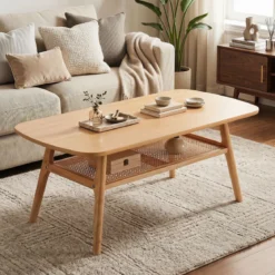 Couchtisch Beistelltisch 2 Ebenen mit Offener Ablage Wohnzimmertsich 100 x 53,5 x 45,5 cm Natur