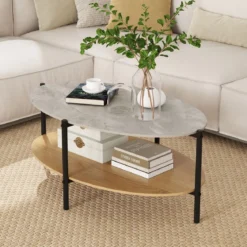 Couchtisch Beistelltisch Marmor Optik mit Metallrahmen Wohnzimmertisch mit 2 Ablage 105 x 65 x 43 cm