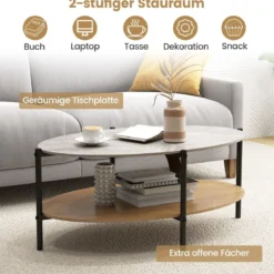 Couchtisch Beistelltisch Marmor Optik mit Metallrahmen Wohnzimmertisch mit 2 Ablage 105 x 65 x 43 cm