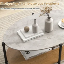Couchtisch Beistelltisch Marmor Optik mit Metallrahmen Wohnzimmertisch mit 2 Ablage 105 x 65 x 43 cm