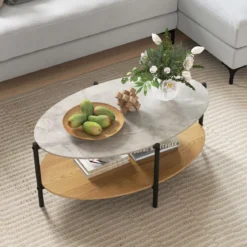 Couchtisch Beistelltisch Marmor Optik mit Metallrahmen Wohnzimmertisch mit 2 Ablage 105 x 65 x 43 cm