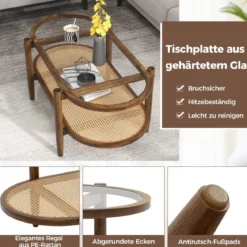 Couchtisch Beistelltisch mit Glas Tischplatte & Rattan Ablage 102 x 56 x 47 cm Braun