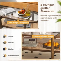 Couchtisch Beistelltisch mit Glas Tischplatte & Rattan Ablage 102 x 56 x 47 cm Braun