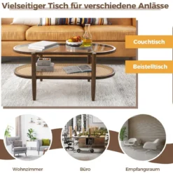 Couchtisch Beistelltisch mit Glas Tischplatte & Rattan Ablage 102 x 56 x 47 cm Braun