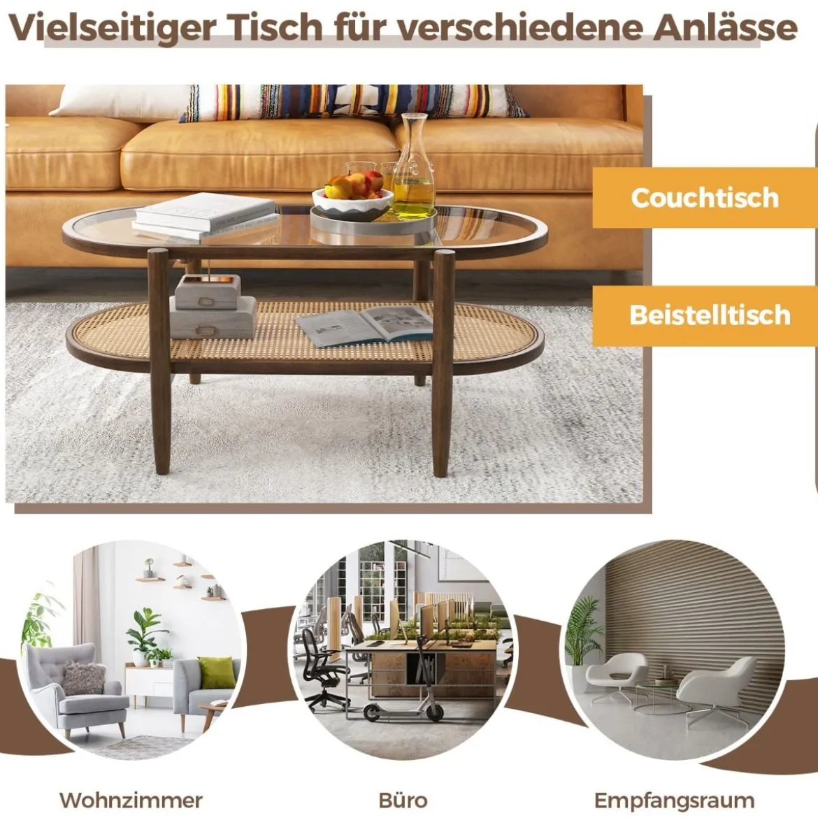 Couchtisch Beistelltisch mit Glas Tischplatte & Rattan Ablage 102 x 56 x 47 cm Braun