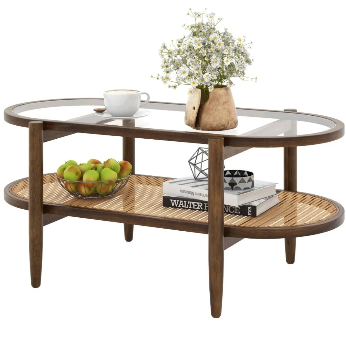 Couchtisch Beistelltisch mit Glas Tischplatte & Rattan Ablage 102 x 56 x 47 cm Braun