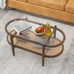 Couchtisch Beistelltisch mit Glas Tischplatte & Rattan Ablage 102 x 56 x 47 cm Braun