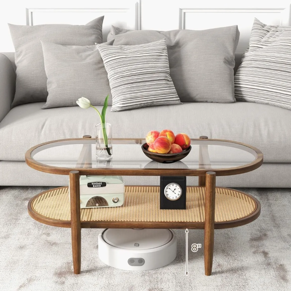 Couchtisch Beistelltisch mit Glas Tischplatte & Rattan Ablage 102 x 56 x 47 cm Braun
