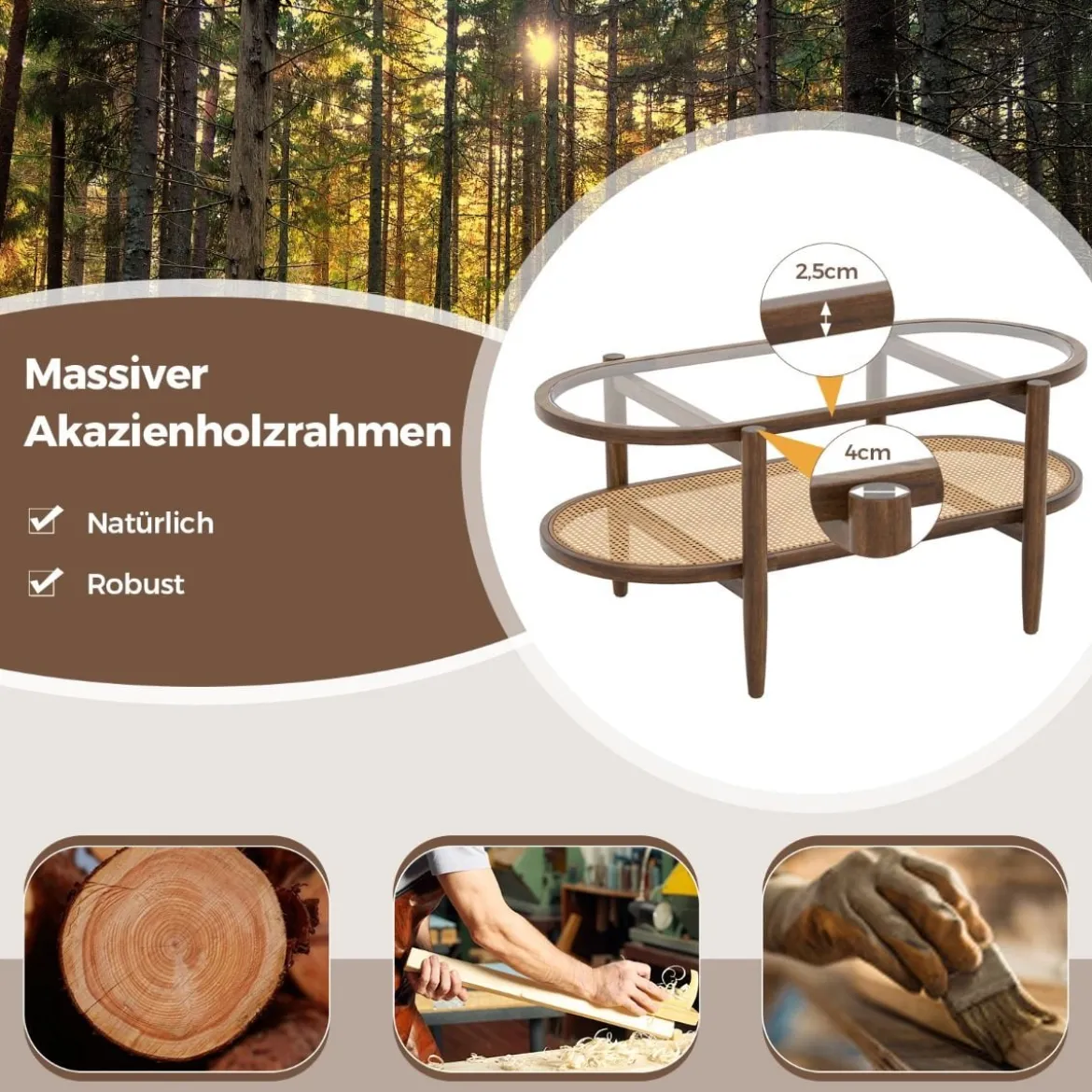 Couchtisch Beistelltisch mit Glas Tischplatte & Rattan Ablage 102 x 56 x 47 cm Braun