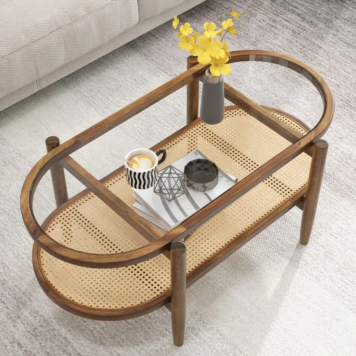 Couchtisch Beistelltisch mit Glas Tischplatte & Rattan Ablage 102 x 56 x 47 cm Braun