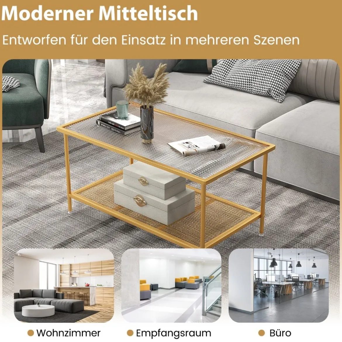 Couchtisch Glas Glastisch mit 2 Ebenen Wohnzimmertisch mit Netzregal Golden 90 x 50 x 46 cm