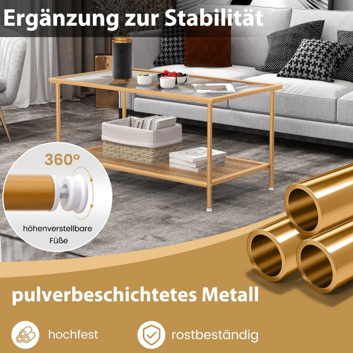 Couchtisch Glas Glastisch mit 2 Ebenen Wohnzimmertisch mit Netzregal Golden 90 x 50 x 46 cm