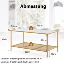 Couchtisch Glas Glastisch mit 2 Ebenen Wohnzimmertisch mit Netzregal Golden 90 x 50 x 46 cm
