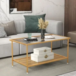 Couchtisch Glas Glastisch mit 2 Ebenen Wohnzimmertisch mit Netzregal Golden 90 x 50 x 46 cm