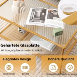 Couchtisch Glas Glastisch mit 2 Ebenen Wohnzimmertisch mit Netzregal Golden 90 x 50 x 46 cm