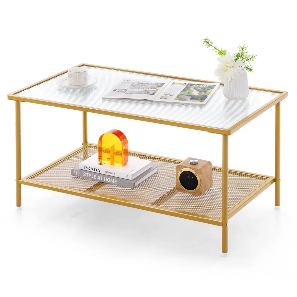 Couchtisch Glas Glastisch mit 2 Ebenen Wohnzimmertisch mit Netzregal Golden 90 x 50 x 46 cm