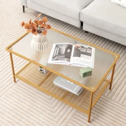 Couchtisch Glas Glastisch mit 2 Ebenen Wohnzimmertisch mit Netzregal Golden 90 x 50 x 46 cm