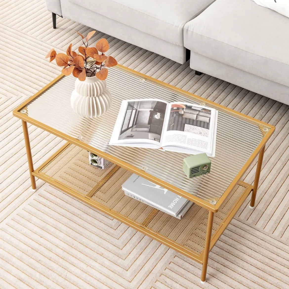 Couchtisch Glas Glastisch mit 2 Ebenen Wohnzimmertisch mit Netzregal Golden 90 x 50 x 46 cm