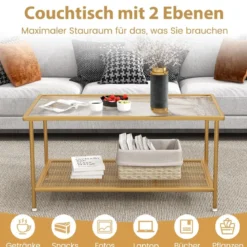 Couchtisch Glas Glastisch mit 2 Ebenen Wohnzimmertisch mit Netzregal Golden 90 x 50 x 46 cm
