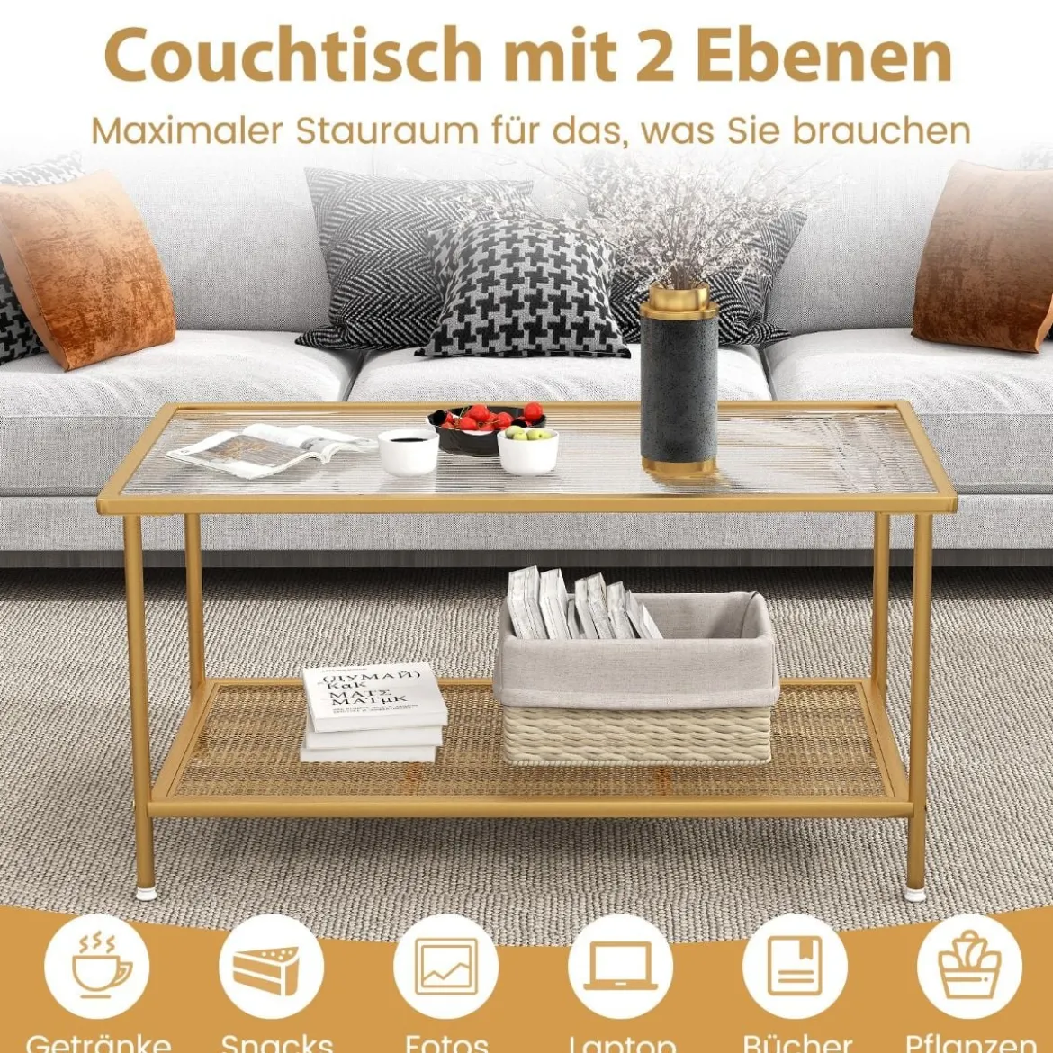 Couchtisch Glas Glastisch mit 2 Ebenen Wohnzimmertisch mit Netzregal Golden 90 x 50 x 46 cm