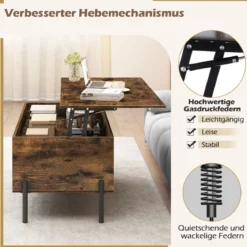 Couchtisch höhenverstellbar Kaffeetisch mit anhebbarer Tischplatte 3 offenen Fachen Braun 100 x 50 x 45/59 cm