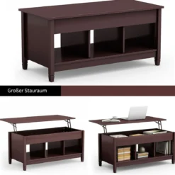 Couchtisch höhenverstellbar Hölzerner Sofatisch mit hebeplatte Stauraum 104,5 x 49 x 48-62,5 cm Dunkelbraun