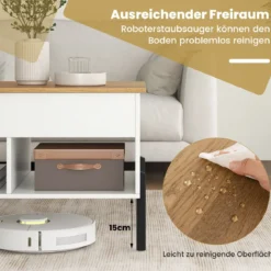 Couchtisch Höhenverstellbar Beistelltisch mit anhebbarer Tischplatte & 3 offenen Fächern Weiß