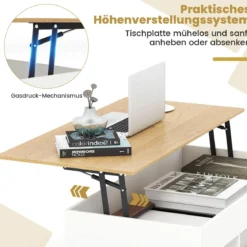 Couchtisch Höhenverstellbar Beistelltisch mit anhebbarer Tischplatte & 3 offenen Fächern Weiß