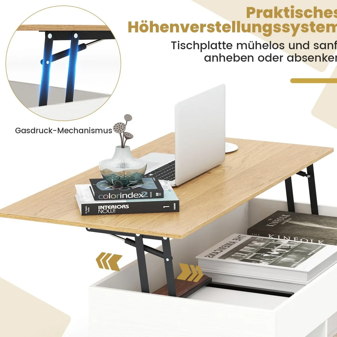 Couchtisch Höhenverstellbar Beistelltisch mit anhebbarer Tischplatte & 3 offenen Fächern Weiß