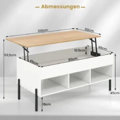 Couchtisch Höhenverstellbar Beistelltisch mit anhebbarer Tischplatte & 3 offenen Fächern Weiß