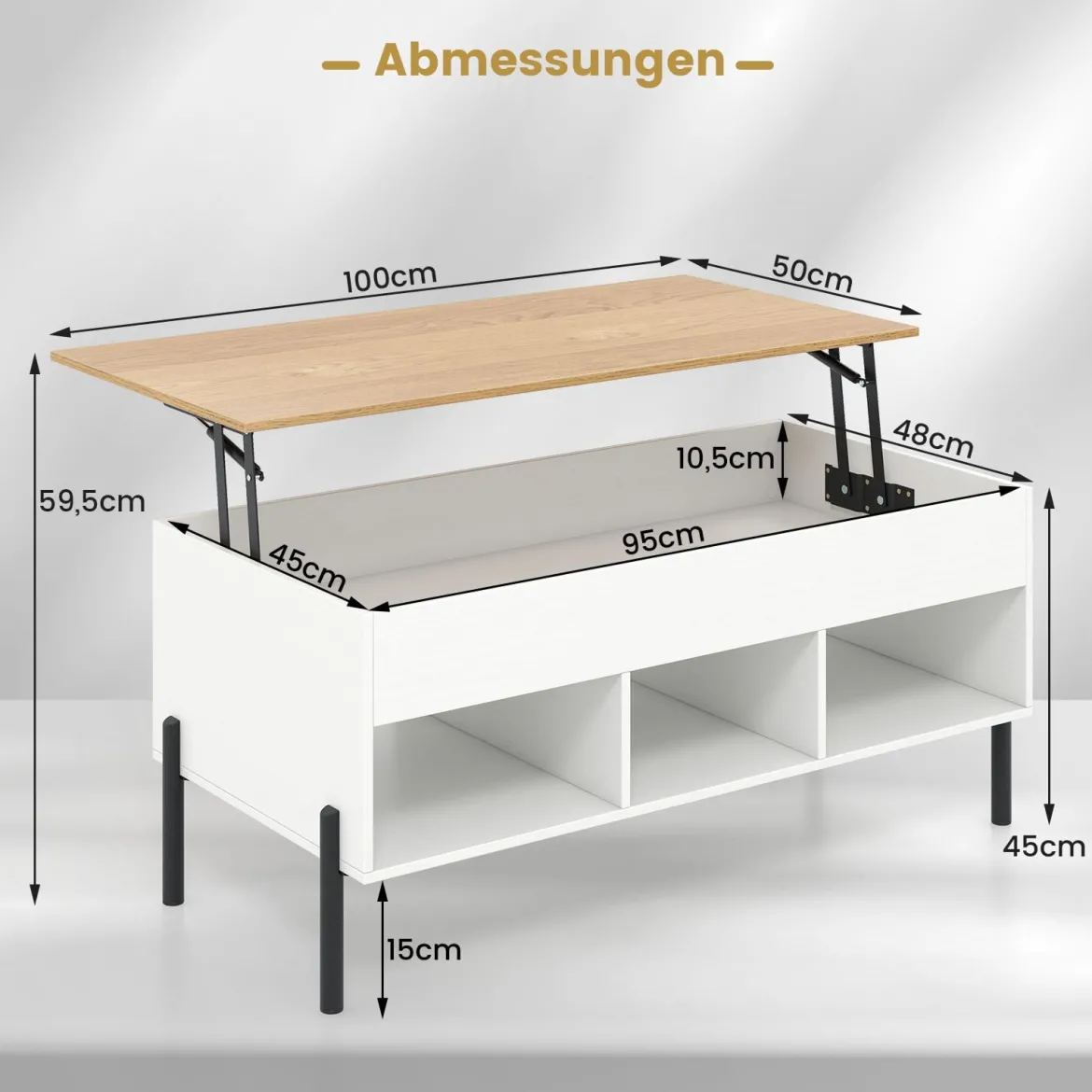 Couchtisch Höhenverstellbar Beistelltisch mit anhebbarer Tischplatte & 3 offenen Fächern Weiß