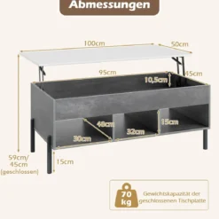 Couchtisch höhenverstellbar Kaffeetisch mit anhebbarer Tischplatte 3 offenen Fachen Grau 100 x 50 x 45/59 cm