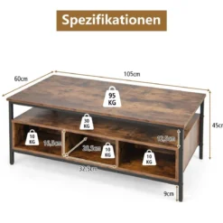 Couchtisch Holz 3 Ebenen Wohnzimmertisch mit offenem Regal 105 x 60 x 45 cm im Industriestil